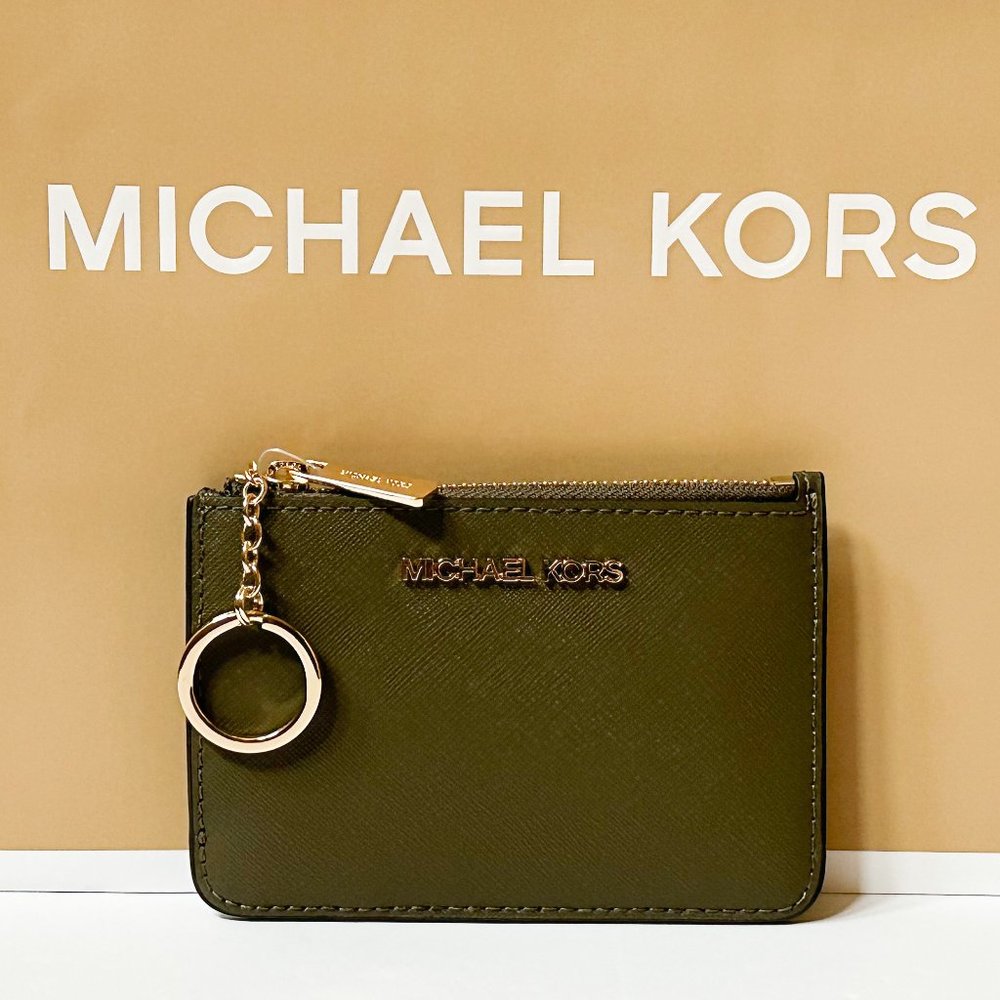 Michael Kors Jet Set Travel Small Top Zip Coin Pouch ID Key Holder Wallet Olive